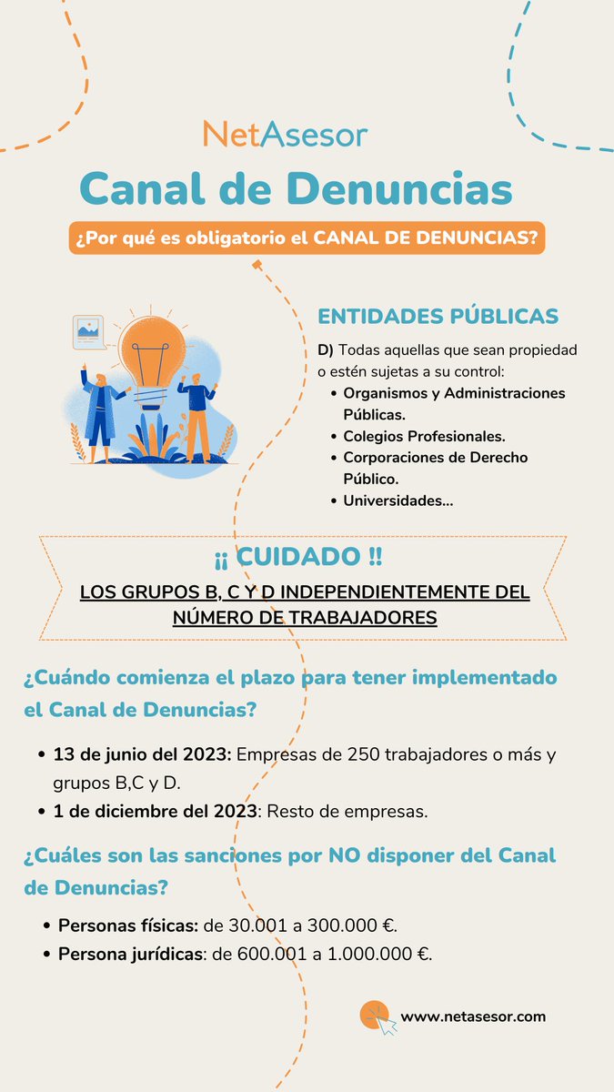 netasesores's tweet photo. ¿Conoces la nueva ley 2/2023 Protección del Informante y el Canal de Denuncias que es obligatorio tener?
https://t.co/aVo8whTK0J
#canaldedenuncias #netdenuncias #ley2 https://t.co/Q8h1SHElDW