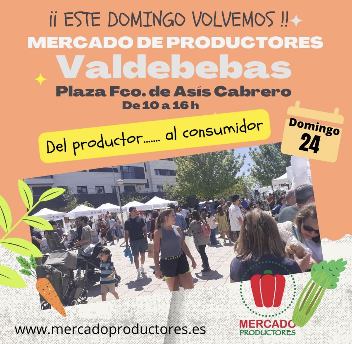 ¡Lo estamos deseando!
Este domingo los productores regresamos al Mercado de #Valdebebas
Además, zona de #tapeo, animaciones y música en vivo
Pza. Francisco de Asís Cabrero De 10 a 16 h
#mercadillo
#MercadoDeProductores #madrid
#productosnaturales #consumosostenible #madrid #km0