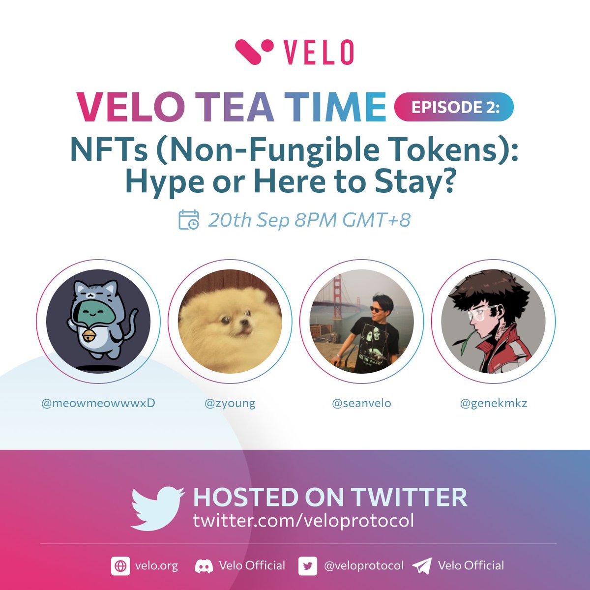 veloprotocol's tweet photo. Get ready for our second Velo Tea Time podcast on September 20th at 8 PM GMT+8! ๐๏ธ Our topic: 'NFTs: Hype or Here to Stay?' ๐ Join us with our awesome guests @meowmeowwwxD, @zyoung, and @genekmkz. See you in our Twitter space! ๐ #VeloTeaTime #NFTs #CryptoTalk https://t.co/rpAf5mIkdg