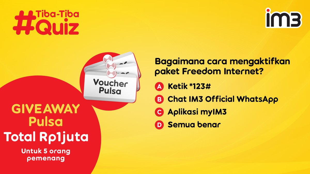 indosatim3's tweet photo. 🚨 GIVEAWAY pulsa total 1 juta untuk 5 orang pemenang!

Cari tau jawabannya di👉🏻 https://t.co/rd9M67KDzh

Caranya:
- RT, like postingan ini &amp; tag 3 temanmu
- Jawab pakai #TibaTibaQuiz #FreedomInternet

Reply yang banyak sampai 25-9-2023! Good luck 😉

S&amp;K: https://t.co/Gi60hQSGbV https://t.co/NZytqLoaFv