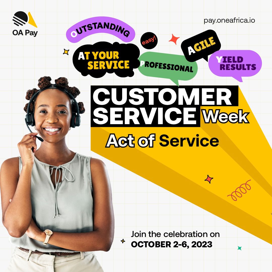 The #CustomerServiceWeek is just around the corner, and we want to pamper our incredible members! 🎉

Thank you for choosing us. 🙌💼

Join the celebration for exciting surprises. 🌟

#CustomerFirst #CSWeek #BonusTime #ExtraPerks #EarnRewards #OAPay #OneAfrica #MoneyTransferApp