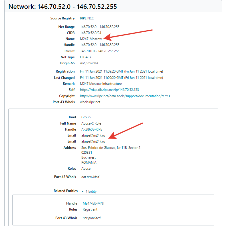 DimaSpider's tweet photo. Interesting news. The Romanian telecom operator #M247 Europe SRL, among its subnets 146.70.0.0/16, identified the subnet 146.70.52.0/24, which with the help of #RIPE, was marked as a Russian subnet in order to conduct hacker attacks on Russian networks. Original solution... https://t.co/F9VbctU5zr