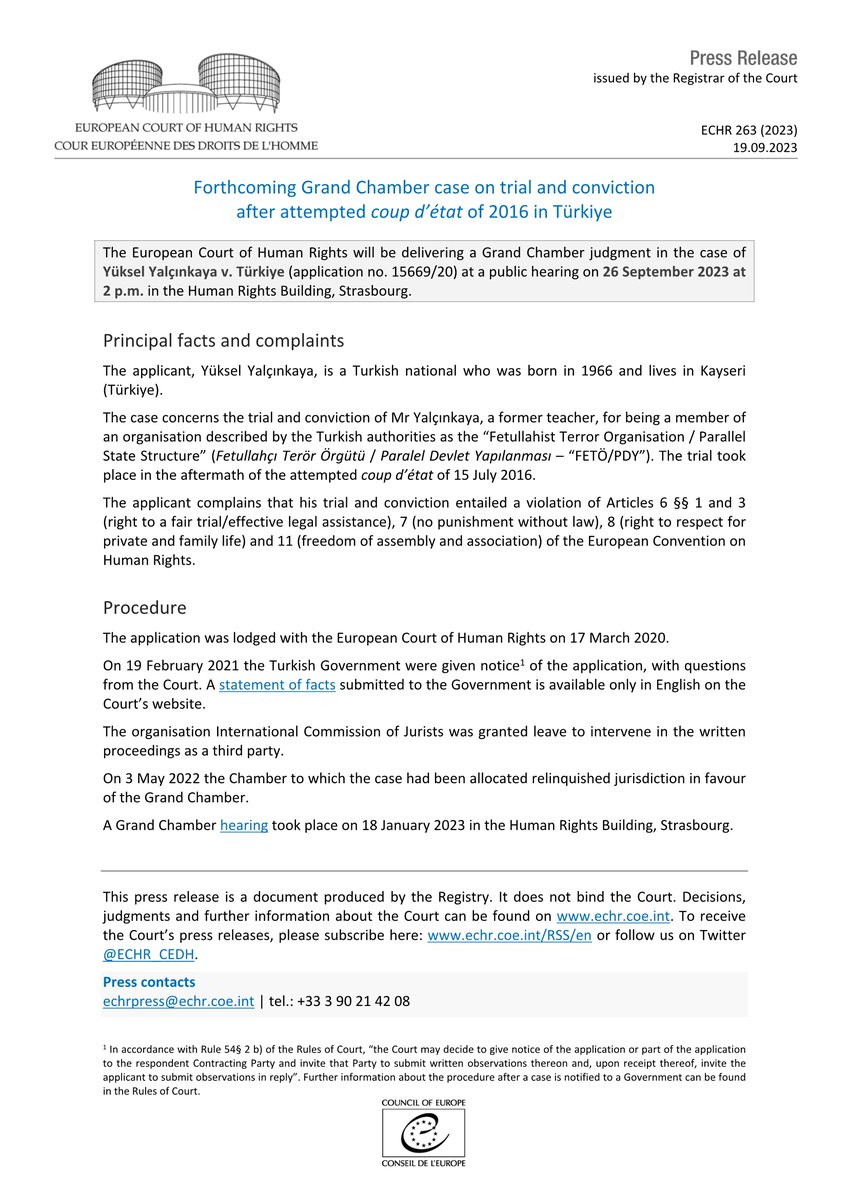 Forthcoming Grand Chamber case Yüksel Yalçinkaya v. Türkiye
hudoc.echr.coe.int/app/conversion…
#ECHR #CEDH #ECHRpress