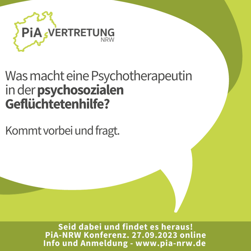 Die Berufsfelder für Psychotherapeut*innen sind vielfältig. Nächste Woche stellen wir euch einige vor. Kommt vorbei. Anmeldung unter pia-nrw.de Bundesweit, online & kostenlos.