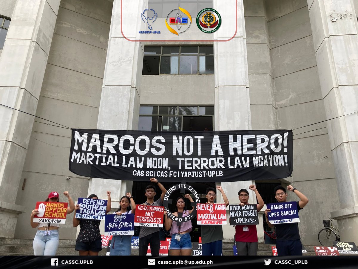 CASSC_UPLB's tweet photo. LOOK: The UPLB College of Arts and Sciences Student Council organized a prop action in light of the upcoming commemoration of the 51st Martial Law Anniversary in front of the CAS Annex 1 Building, today, September 19, 2023. 

#ML51
#NeverAgain
#NeverForget https://t.co/WQmQ0ujMju