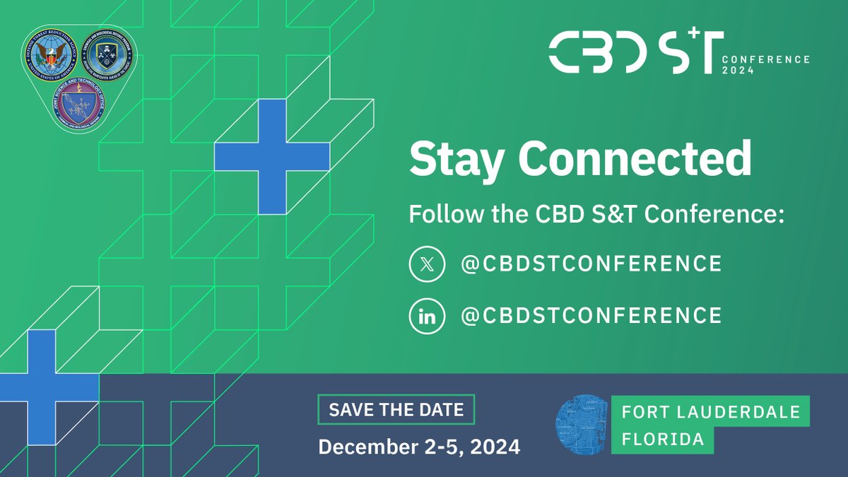 Are you ready to be a part of something bigger? Follow us on our social platforms and be a part of the conversation that's shaping the future of the chem-bio community. Connect with us, TODAY! cbdstconference.com 
#StayConnected #SubscribeNow #FollowUs #SAVETHEDATE #CBDST2024