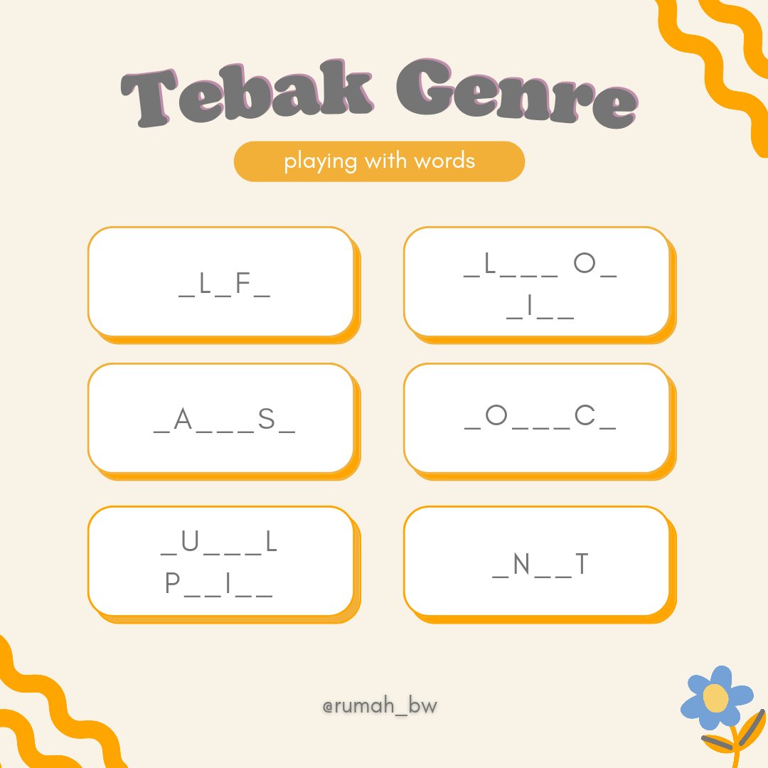 Halo teman-teman! 👋🏻
Kita punya games nih, ikutan yuk ☺️

Salah satu genre di games ini adalah clue utk project kita tahun ini loh, hayo tebak yg mana? 🫣☺️🙌🏻