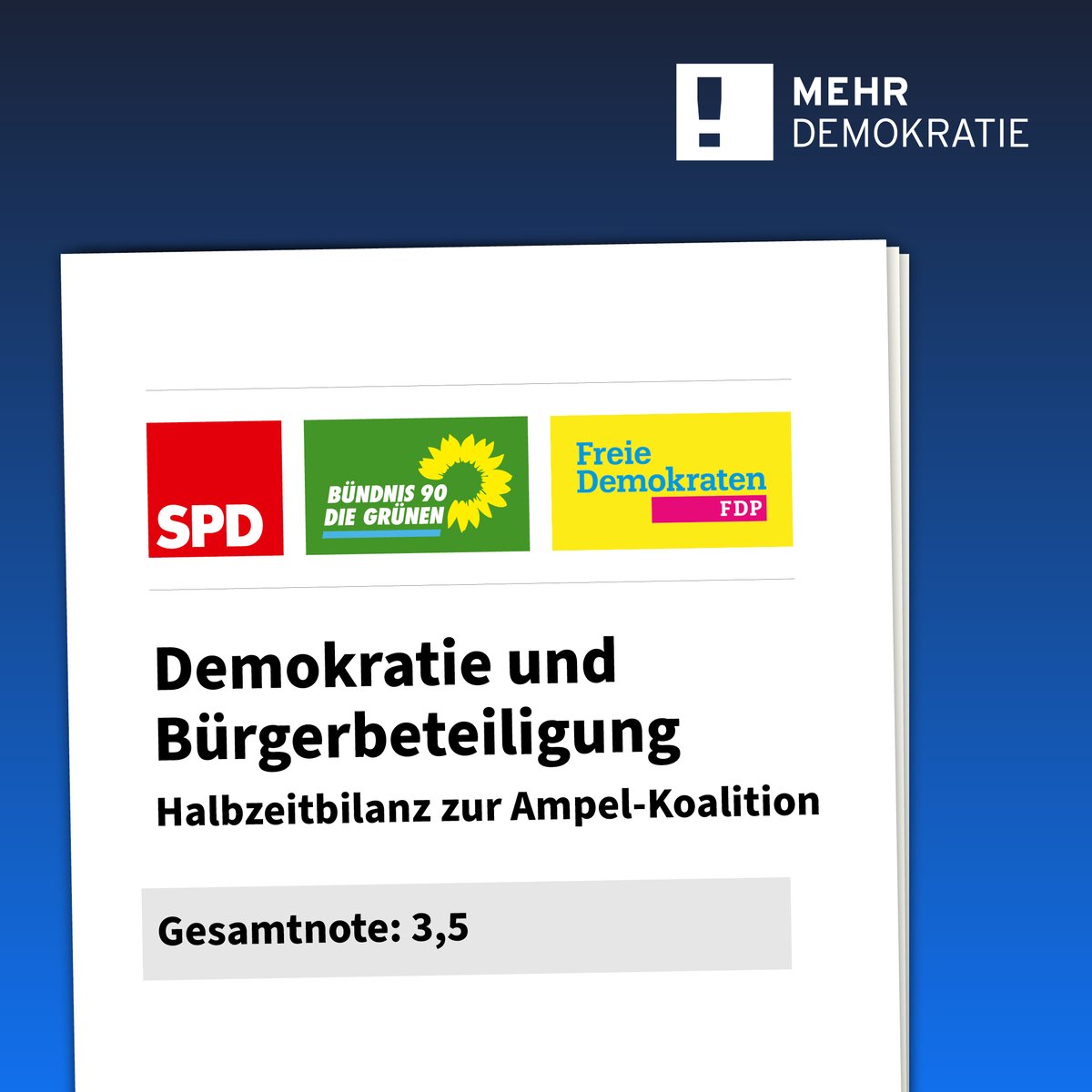 Zur Halbzeit der Legislaturperiode ziehen wir eine demokratiepolitisches  Zwischenbilanz. Die #Ampelkoalition hatte zu Beginn der Legislatur angekündigt, #Demokratie und #Bürgerbeteiligung stärken zu wollen. 
Zur Pressemitteilung: mehr-demokratie.de/nachrichten/ei…