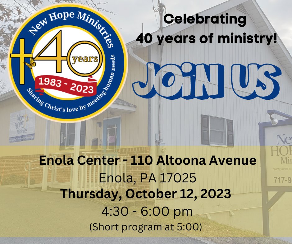 It's Enola's turn to celebrate our 40th anniversary! Join us and celebrate 40 years of ministry to our neighbors in need. Please RSVP for the refreshment count - thanks! form.jotform.com/232535832351150