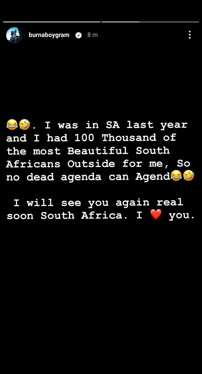 For Clarity:
FNB Stadium Tour wasn't postponed due to low ticket sales, Rather to give Respect to the Beautiful People of South Africa and their Culture.

'I will see you again Real Soon South Africa' - ODG via IG Story.
#BURNABOY 
#ITOLDTHEM
#ITTSTADIUMTOUR
#FNBSTADIUM