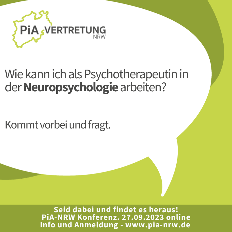 Neuropsychologie hat dich schon immer fasziniert? Wie sieht eigentlich der Arbeitsalltag in der Neuropsychologie aus?

Finde es heraus. Am Mittwoch Abend bei unserer 5. PiA-NRW-Konferenz.

Bundesweit, online &amp; kostenlos. Anmeldung unter pia-nrw.de