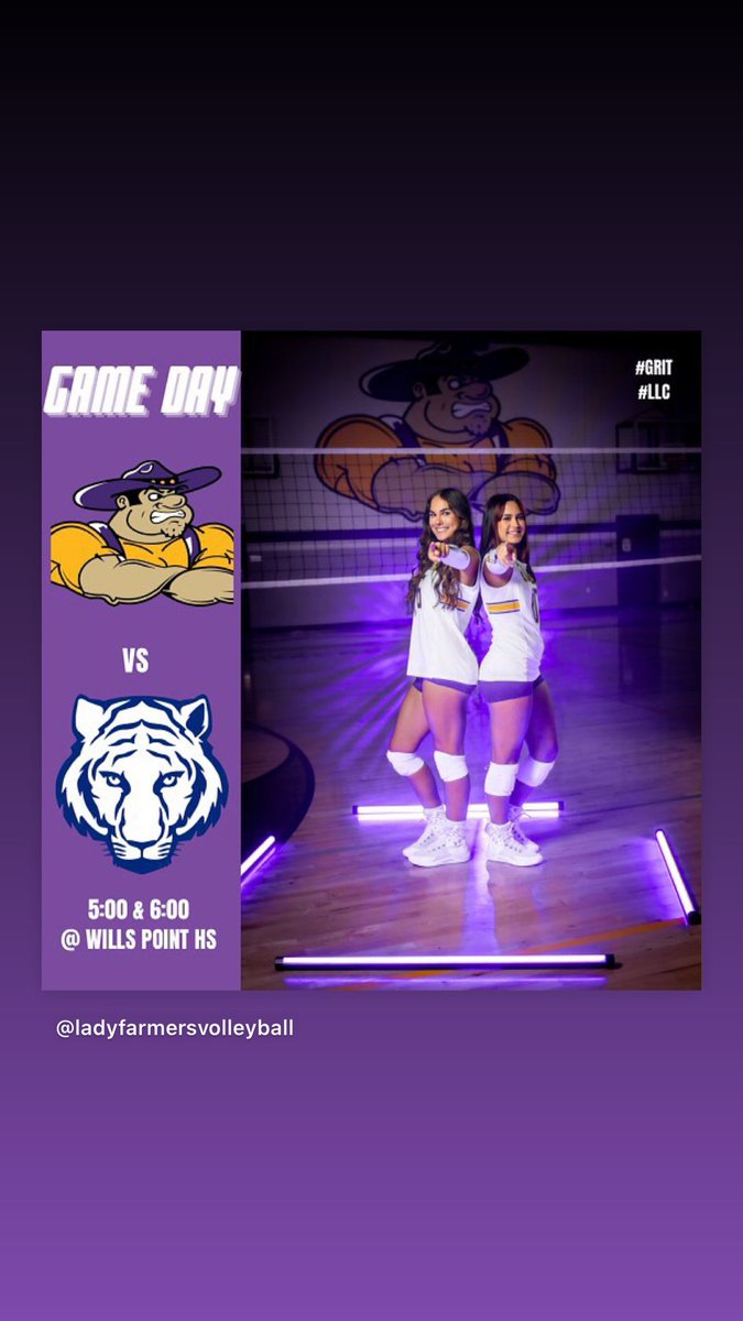 GAME DAY!!

🆚 Wills Point
📍 Wills Point HS
🗓️ Tuesday, September 19th
⏰ JV 1&amp;2 5:00, Varsity 6:00
🎟️ Cash at the gate 

#GRIT #LLC