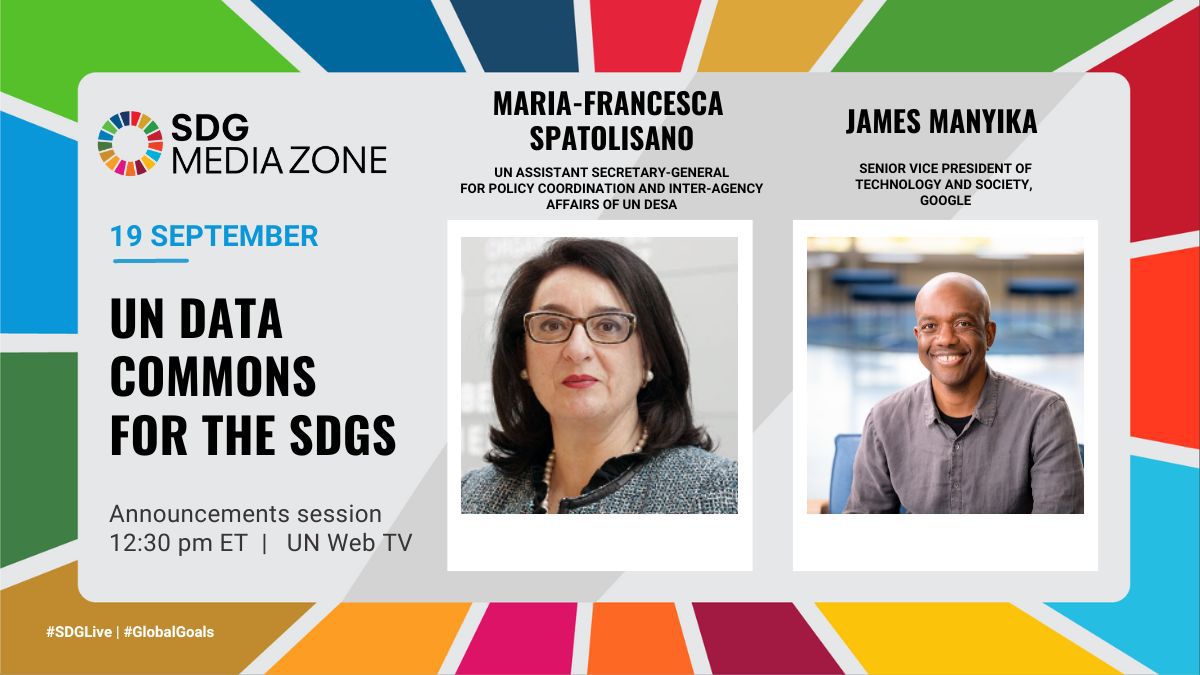 📣Join us at #SDGlive today! 

UN DESA ASG Ms. Spatolisano &amp; @‌Google SVP Mr. Manyika will present the new #UN #Data Commons for the #SDGs tool.

Tune in to learn about this tool, putting SDG datasets &amp; digital public goods right at your fingertips: un.org/en/sdgmediazone #UNGA