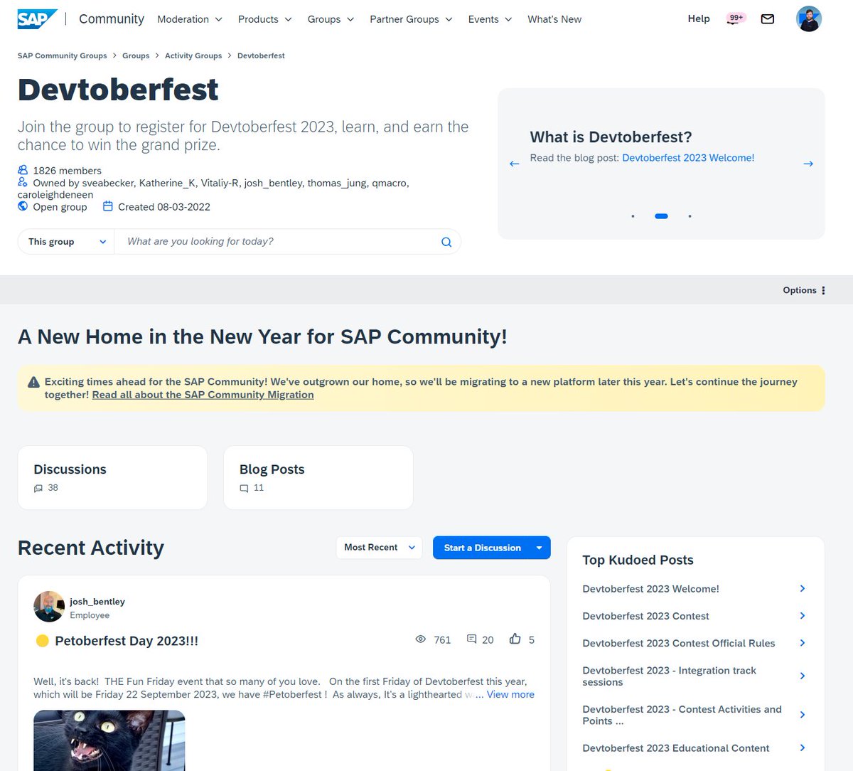 Head over to the #Devtoberfest Community Group for all information about the event. While there you can check out the new Community Groups Theming that went live today. groups.community.sap.com/t5/devtoberfes…