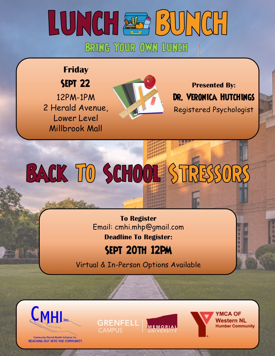 CMHI Inc. (@cmhiinc) on Twitter photo Just a reminder that our lunch bunch session is this Friday Sept 22 from 12P-1P with guest speaker Dr. Veronica Hutchings with the topic of Back To School Stressors.
Contact cmhi.mhp@gmail.com for more information! Just a reminder that our lunch bunch session is this Friday Sept 22 from 12P-1P with guest speaker Dr. Veronica Hutchings with the topic of Back To School Stressors.
Contact cmhi.mhp@gmail.com for more information!