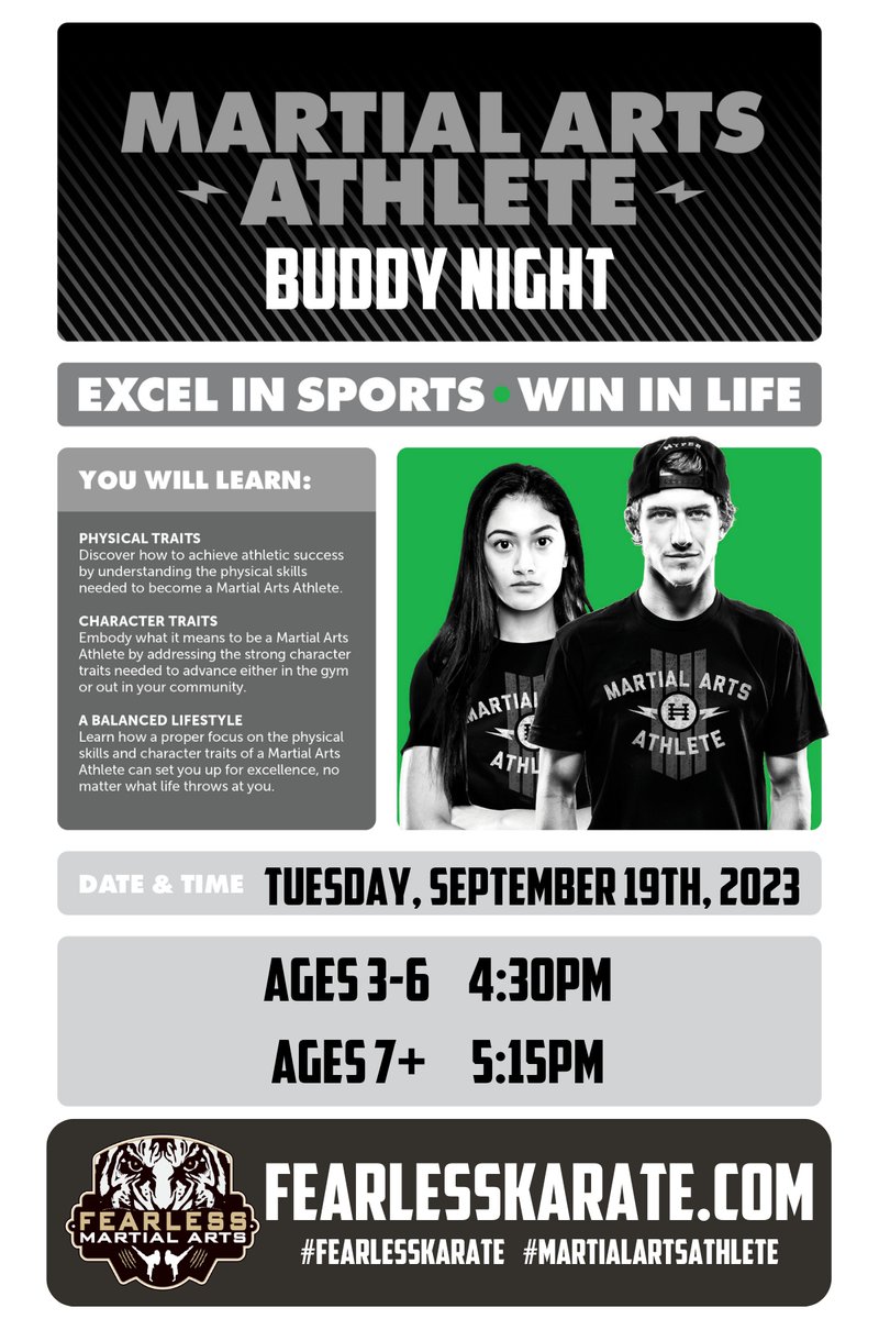 fearlesskarates's tweet photo. Hey Starkville Parents 👋
We would like to invite your child to join us for our upcoming Buddy Night which is TODAY!!! That's right, TODAY IS THE DAY!

🗓️ Tuesday, September 19, 2023
⏰ Kids Ages 3-6 -  4:30pm
⏰ Kids Ages 7+ -   5:15pm

This is a great time for you and your c... https://t.co/RL1u1r53Y6