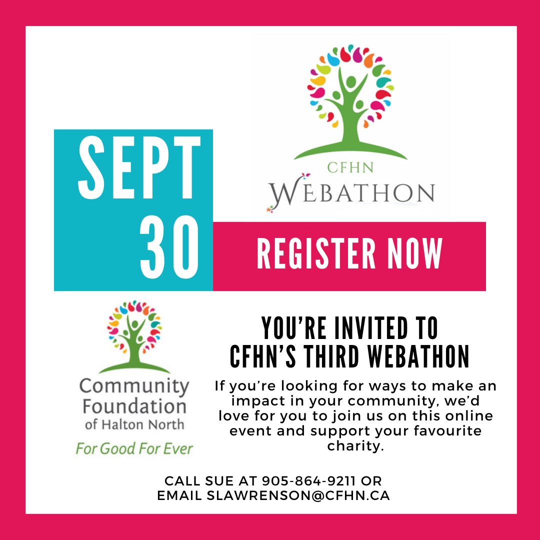 If you are looking for ways to make an impact in your community, join us for 🎉CFHN Webathon 2023, an online event to 💚support your favourite charity and double your donation. 👉Register Now: tinyurl.com/4sfhwxem #cfhaltonnorth #webathon2023 #northhalton