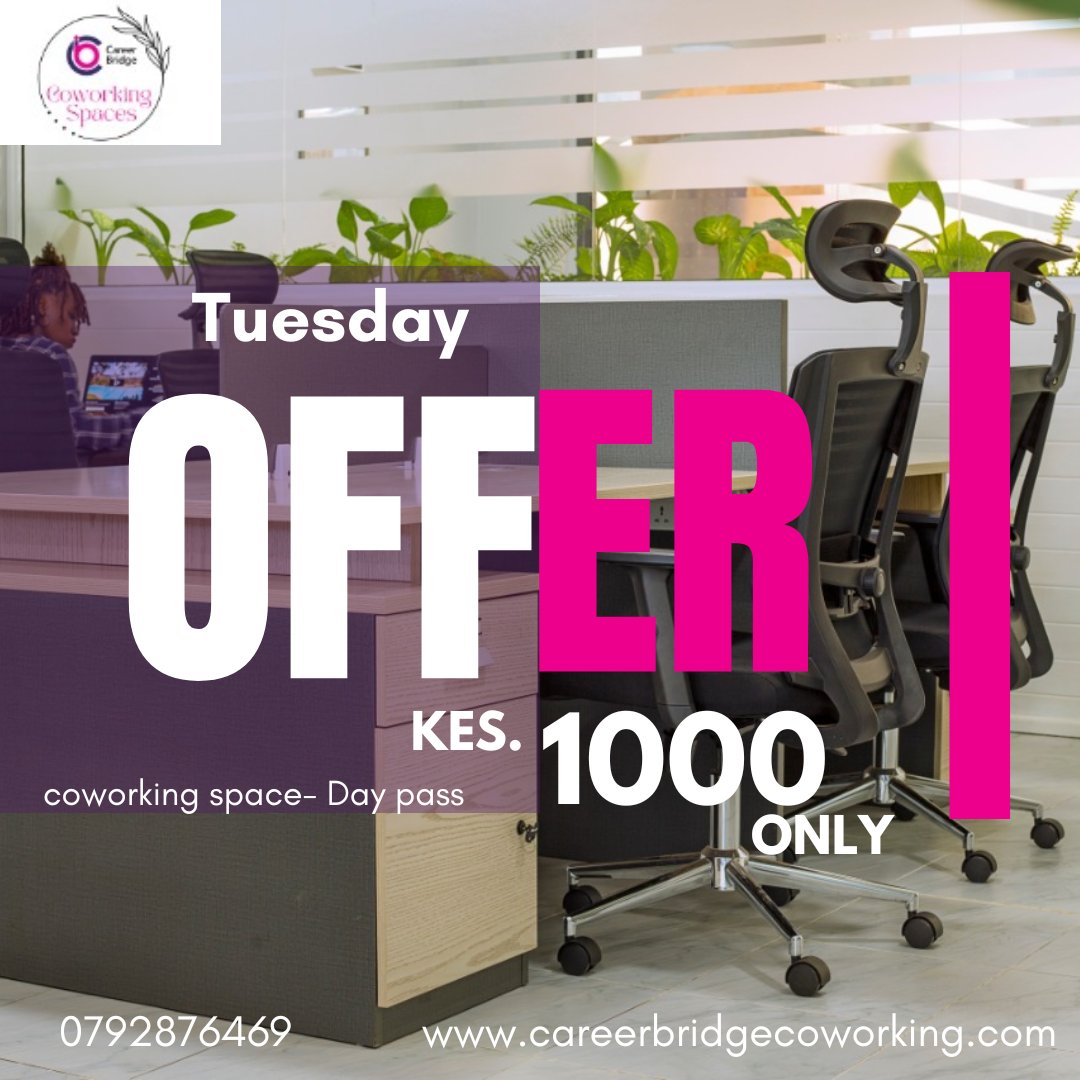 Are you looking for a spot to get your work done at discounted prices? We have you sorted!
With free parking, free coffee/tea/water, high speed internet and so much more, you are set to get more for less.
0792876469 | info@careerbridgecoworking.com
#coworkingspace #moreforless