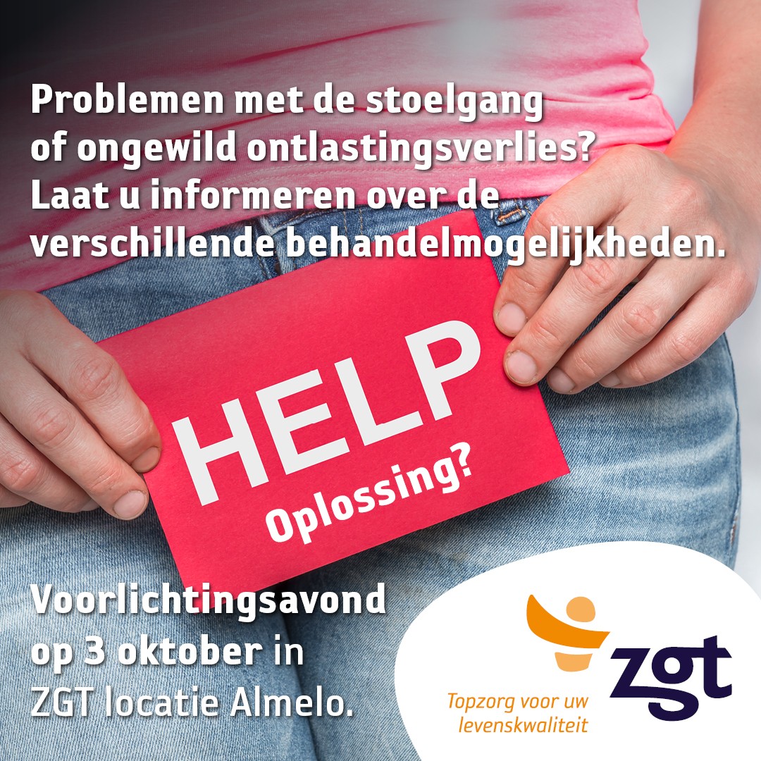 Problemen met de stoelgang of ongewild ontlastingsverlies? Laat u informeren over de verschillende behandelmogelijkheden op de voorlichtingsavond in ZGT Locatie Almelo op 3 oktober 2023. zgt.nl/aandoening-en-…