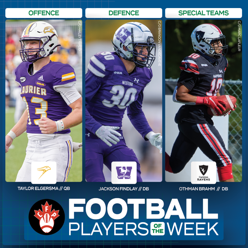 OUAsport's tweet photo. Bringing their best in the big moments. 😤

@WLUAthletics Taylor Elgersma, @WesternMustangs Jackson Findlay, and @CURavens Othman Brahm have been named @CFPerspective Players of the Week for Week 4. 🏈

#WeAreONE