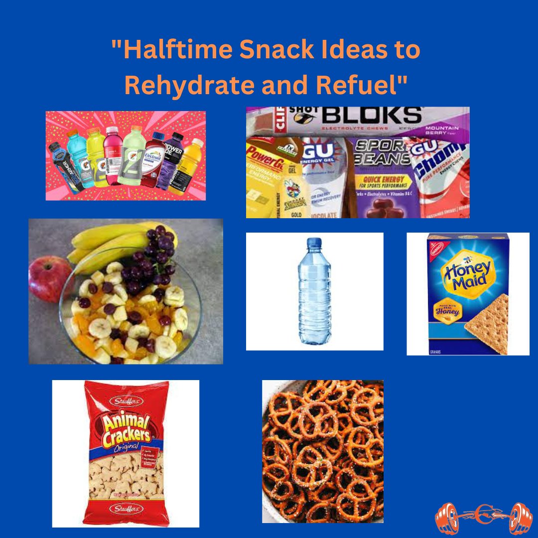 Halftime is a chance to recharge & dominate the rest of the game! Stay hydrated & energized with water, sports drinks, sport gels/chews, bars, fresh & dried fruit, pretzels & crackers. Refuel & perform your best in the 2nd half! #HalftimeSnacks #RefuelandRehydrate #GameDayFuel