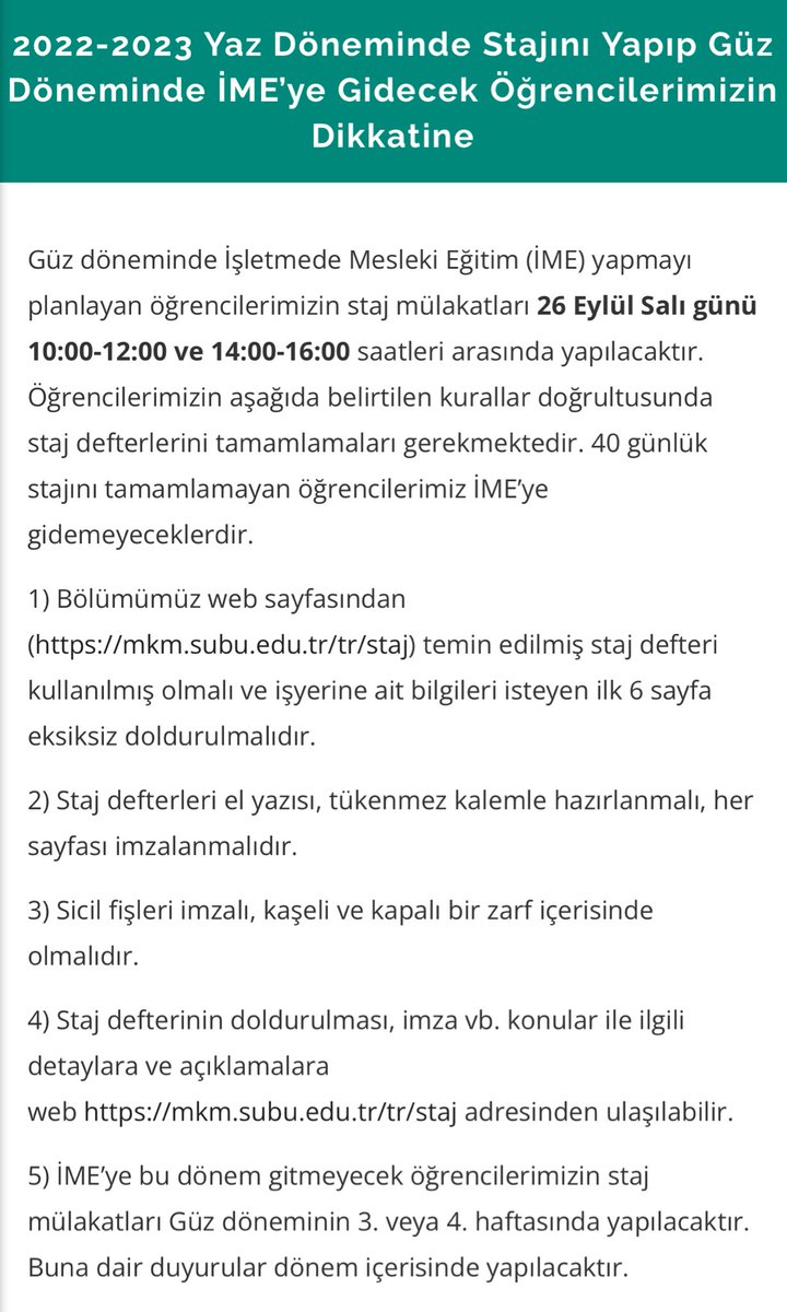 2022-2023 Yaz Döneminde Stajını Yapıp Güz Döneminde İME’ye Gidecek Öğrencilerimizin Dikkatine

Ayrıntılı bilgi: mkm.subu.edu.tr/tr/node/719