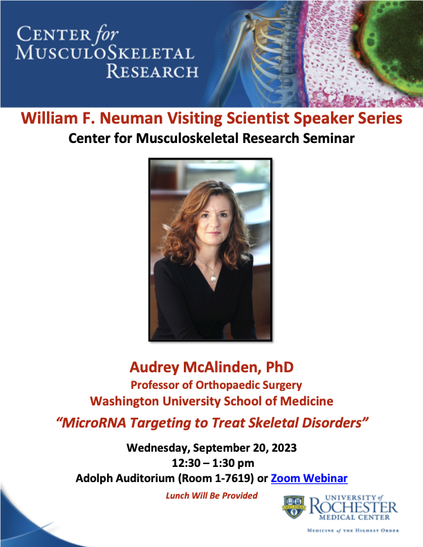 Rochester CMSR (@roc_cmsr) on Twitter photo Our next Neuman speaker is Dr. Audrey McAlinden (<a href="/McAlinden_Lab/">McAlinden Lab</a>) from <a href="/WUSTLmed/">Test Account</a>. Join us for a talk on "MicroRNA Targeting to Treat Skeletal Disorders" - Wednesday, 9/20 @ 12:30 PM - Adolph Auditorium or Register for the Zoom webinar
urmc.zoom.us/webinar/regist… #URochesterResearch Our next Neuman speaker is Dr. Audrey McAlinden (<a href="/McAlinden_Lab/">McAlinden Lab</a>) from <a href="/WUSTLmed/">Test Account</a>. Join us for a talk on "MicroRNA Targeting to Treat Skeletal Disorders" - Wednesday, 9/20 @ 12:30 PM - Adolph Auditorium or Register for the Zoom webinar
urmc.zoom.us/webinar/regist… #URochesterResearch