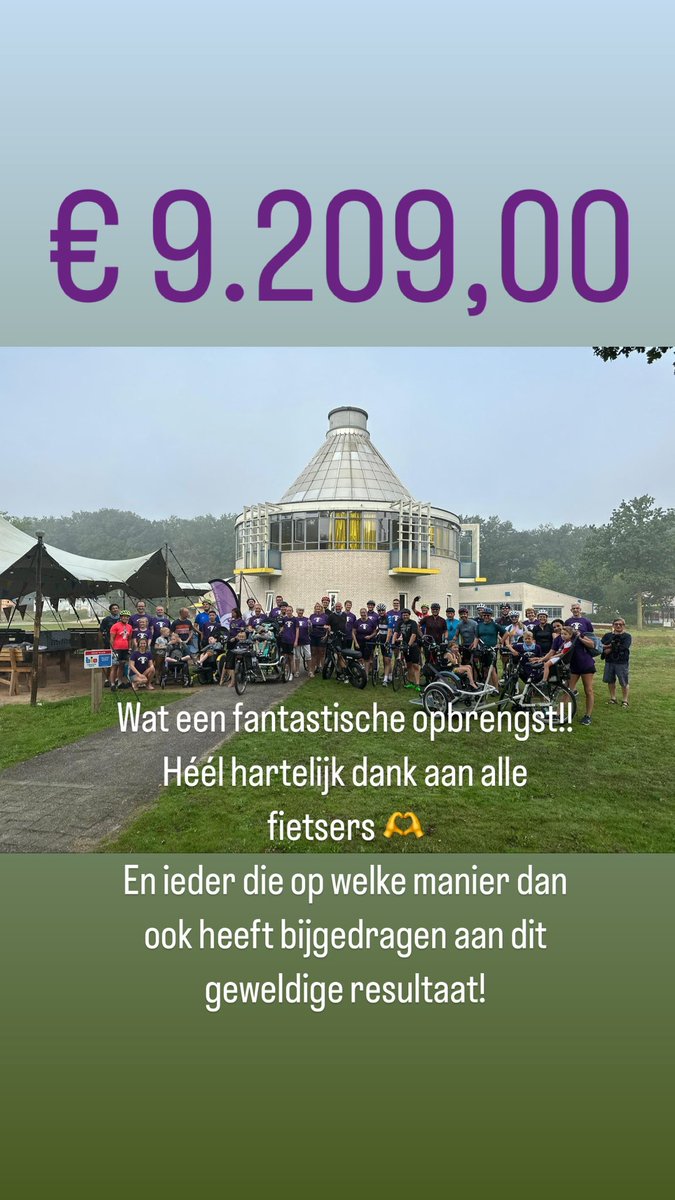 Wat een geweldige opbrengst van onze 2CU wielertour en de familie (bak)fietstochten. Heel veel dank aan alle fietsers en alle sponsoren!

We gaan deze opbrengst volledig gebruiken voor het organiseren van mooie bijeenkomsten voor gezinnen met een (volwassen)kind met ZEVMB.