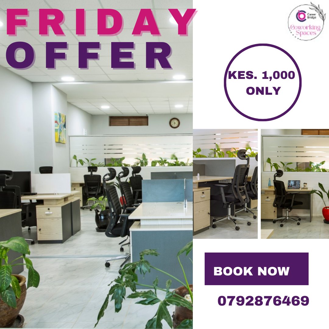 There is on better way to start the weekend than a discounted price. Come get the focus you need to finish up your week's work before stepping into the weekend in style.
Info@careerbridgecoworking.com | 0792876469 |
#coworkingspace #work #coffee #weekend #moreforless #discount