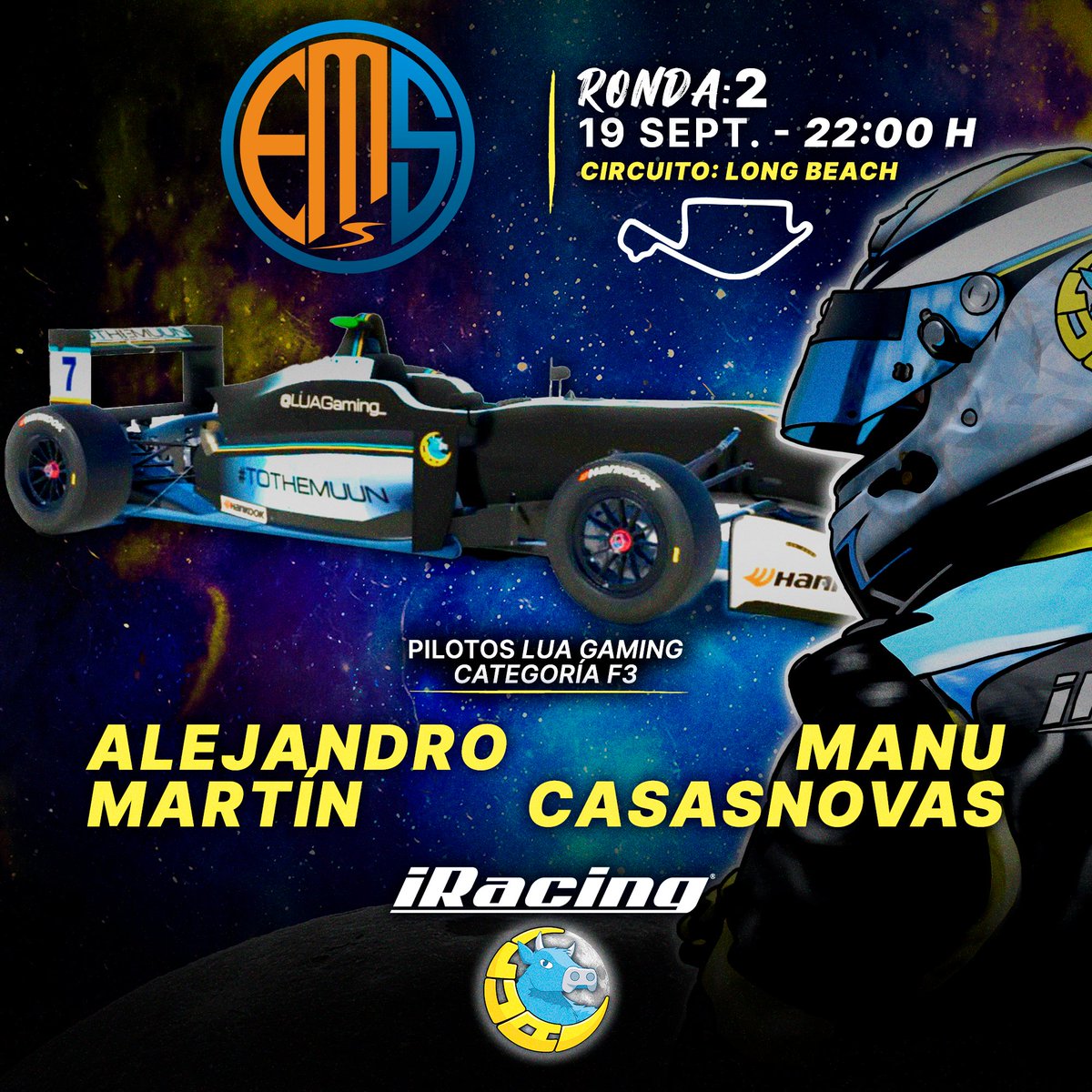LUAGaming_'s tweet image. 🗣 Tenemos la 2º Ronda del @EMS_iRacing  

Hoy toca una mítica combinación 🔥

🕙 22:00H 
🏎️ Categoría F3
👥 @Manu_Casasnovas  y @AlejandoMDM98
🎥 twitch.tv/ems_iracing

#ToTheMuun