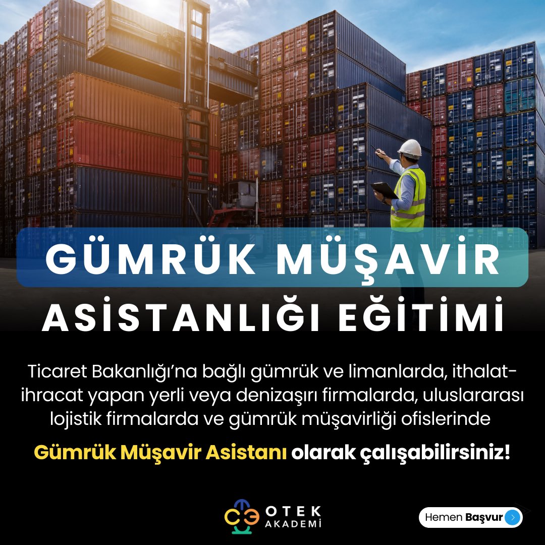 Gümrük Müşavir Asistanlığı Eğitim programı hakkında bilgi almak için bizlere;
0536 452 45 02 Whatsapp hattımızdan,
<a href="/otekakademi/">OTEK Akademi Kariyer Merkezi</a> Instagram hesabımızdan,
otekakademi.com.tr web sayfamızdan ulaşabilirsiniz.

#gümrükmüşavirliği #dışticaret #ithalatihracat