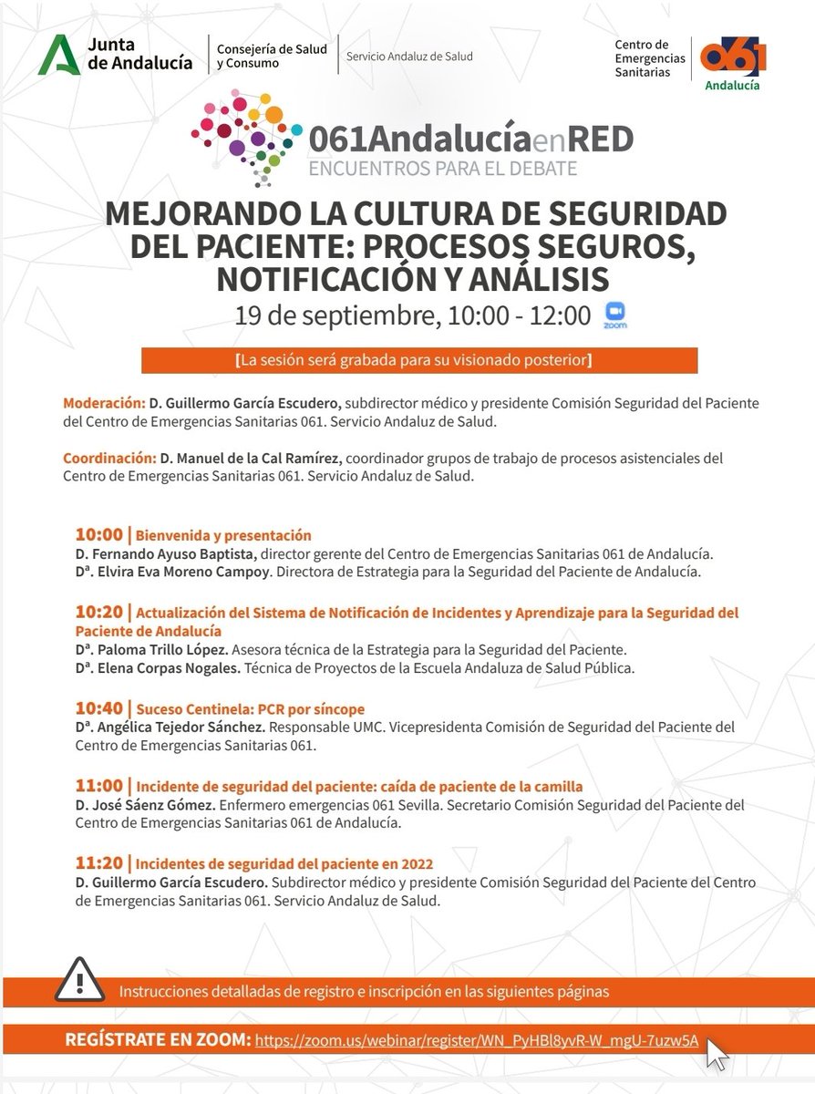 fayusob's tweet photo. Sesión clínica on line Centro Emergencias Sanitarias 061 SAS. Mejorando la cultura de seguridad del paciente. Nos acompaña Eva Moreno. Dtra de la Estrategia de Seguridad de @saludand y dos miembros de su equipo, Paloma Trillo y Elena Corpas. #notificAsp
#SegPac @practicaseguras https://t.co/WFJ7G2KF4V