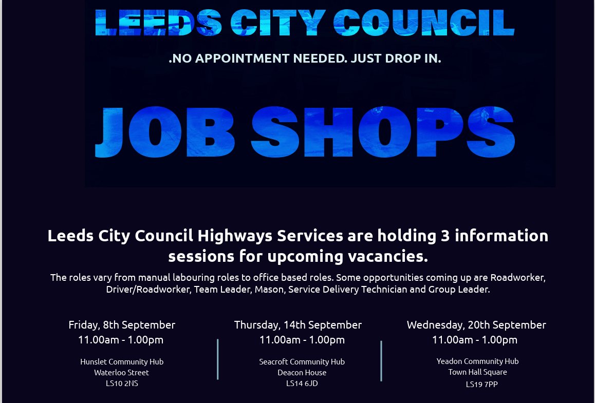 Don't forget our Highways jobs event at Yeadon Community Hub and Library tomorrow the 20th of September from 11-1... No booking required