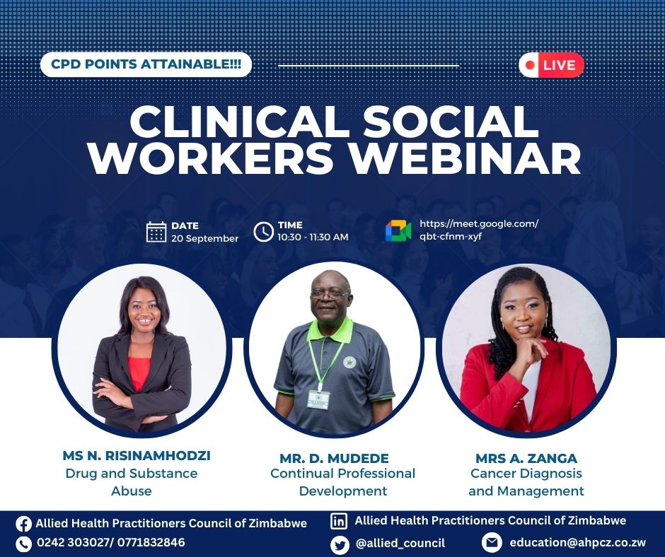 allied_council's tweet image. Reminder...
ATTENTION CLINICAL SOCIAL WORKERS!!!
Let us engage on the 20th of September 2023, at 10:30 and learn more about the #profession , the #regulatorycompliance, #substanceabuse and #Cancer
The link : meet.google.com/qbt-cfnm-xyf
#knowtheregulator #becompliant #bestpractices