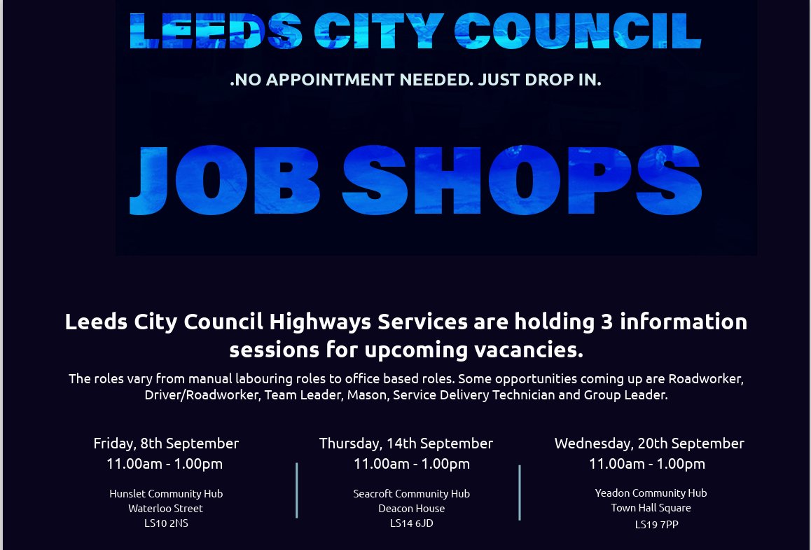 Don't forget our Highways jobs fair at Yeadon Community Hub and Library tomorrow the 20th of September from 11-1.. No booking required