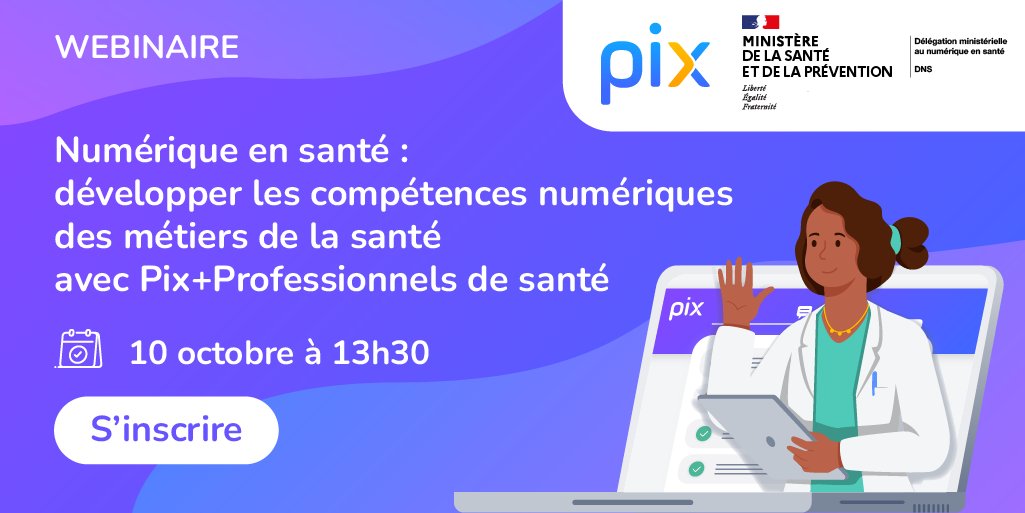 📣 [Webinaire] Numérique en santé : développer les compétences numériques des métiers de la santé 👩‍⚕️💻 Rendez-vous à notre webinaire pour découvrir et rejoindre le dispositif Pix+Professionnels de santé ! 

📅 Mardi 10 octobre
🕐 13h30
👉 bit.ly/webinaire-prof…

<a href="/esante_gouv_fr/">Agence du Numérique en Santé</a>