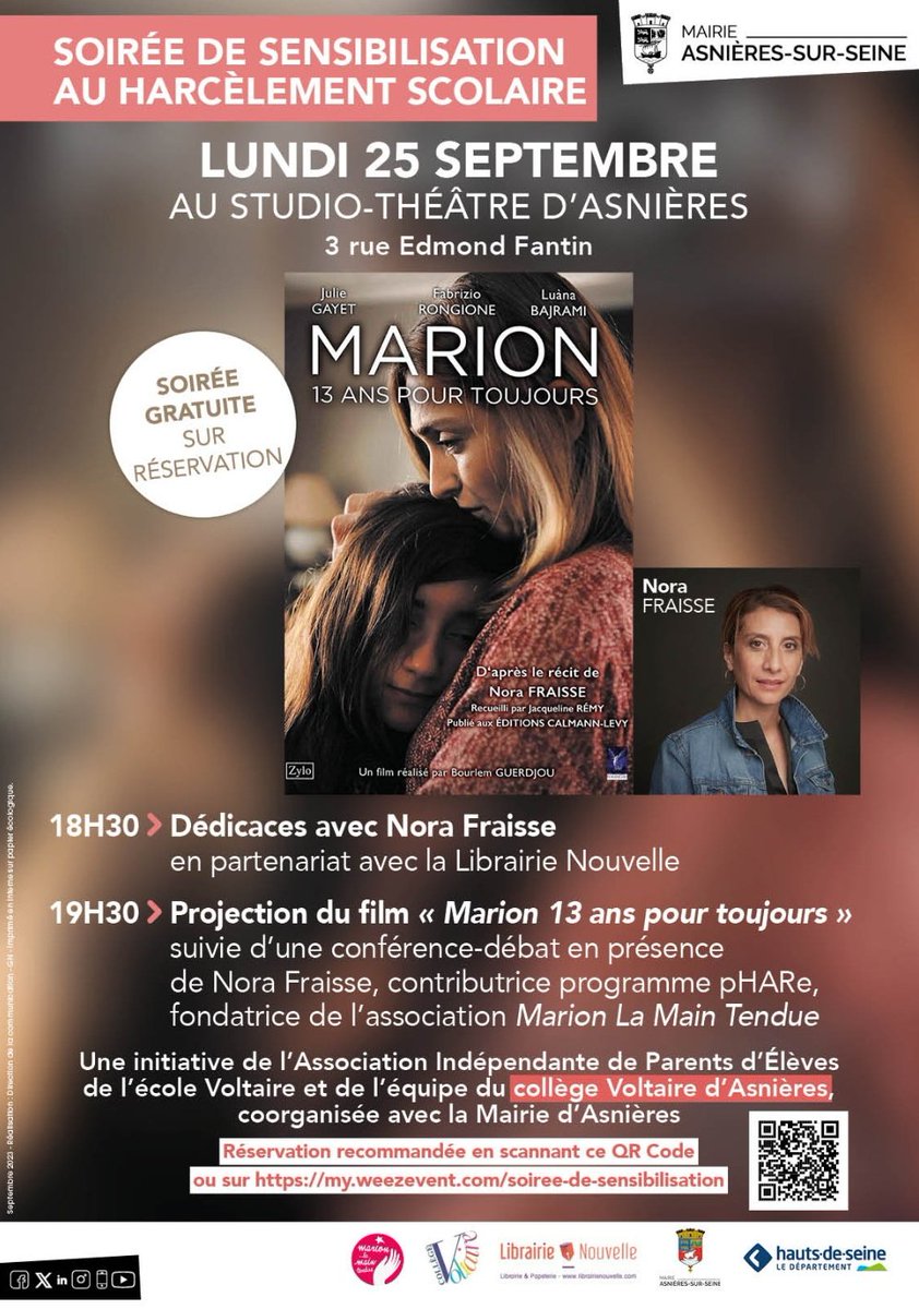 Le 25/09 on dit #nonauharcelement à #asnieres avec la communauté du Collège Voltaire <a href="/MTendue/">Association MarionLaMainTendue ❤️💕</a> <a href="/metayerantoin/">Antoine</a> <a href="/Ville_Asnieres/">Mairie d'Asnières-sur-Seine</a> <a href="/hautsdeseinefr/">Département des Hauts-de-Seine</a> <a href="/MDoAeschlimann/">Marie-Do Aeschlimann</a>

Une soirée essentielle sur le #harcelement ouverte à toutes et tous

📌Infos et réservations 👇🏽
asnieres-sur-seine.fr/evenement/gran…