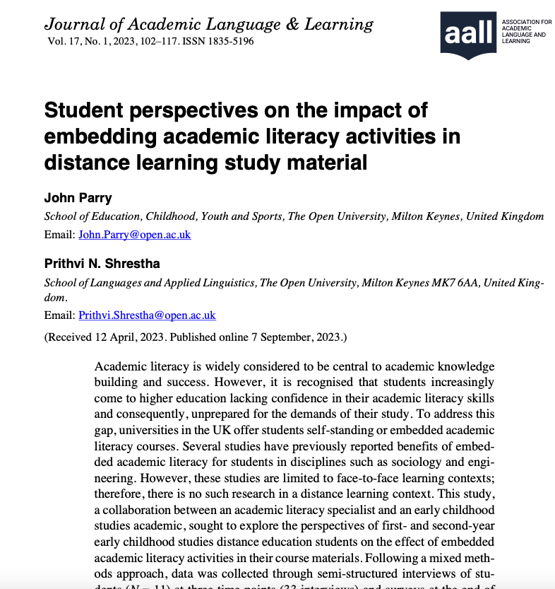 Prithvi Shrestha / पृथ्वी श्रेष्ठ (@pnshrestha) on Twitter photo After two rejections (separate journals), we are delighted to share our publication on #embedding #academic #literacy in early childhood studies. Thanks to John Parry, co-author! #OpenAccess Please share widely! <a href="/OpenUniversity/">The Open University</a> @OU_ECYS @OU_LAL
journal.aall.org.au/index.php/jall… After two rejections (separate journals), we are delighted to share our publication on #embedding #academic #literacy in early childhood studies. Thanks to John Parry, co-author! #OpenAccess Please share widely! <a href="/OpenUniversity/">The Open University</a> @OU_ECYS @OU_LAL
journal.aall.org.au/index.php/jall…