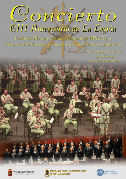 PlataformaMill1's tweet photo. Hoy, 19 de septiembre a las 19:00 horas, la Brigada de #LaLegión organiza un concierto de música encuadrado en el "#CIII Aniversario Fundacional de la #LegiónEspañola", en el Paraninfo de la Universidad de #Almería con la Unidad de Música y Banda de Guerra de la #BRILEG. https://t.co/FR6XlI8LyS