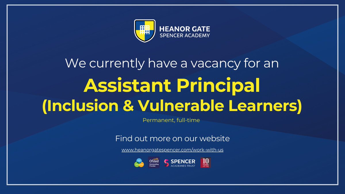 HeanorGateSA's tweet photo. An exciting job opportunity has come up in our outstanding Leadership Team for a new Assistant Principal who will oversee inclusion and our vulnerable learners.

To apply and see the full job description, please visit https://t.co/DKupC9iVqx #TeamHeanor @MJonesHGSA @HGSA_II https://t.co/oltpPQj4P1
