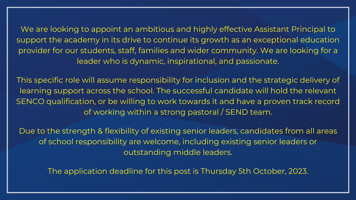HeanorGateSA's tweet photo. An exciting job opportunity has come up in our outstanding Leadership Team for a new Assistant Principal who will oversee inclusion and our vulnerable learners.

To apply and see the full job description, please visit https://t.co/DKupC9iVqx #TeamHeanor @MJonesHGSA @HGSA_II https://t.co/oltpPQj4P1