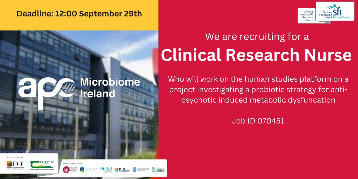"APC <a href="/Pharmabiotic/">APC Microbiome Ireland</a> is recruiting a Clinical Research Nurse to support the team in the microbiome-brain-gut axis spoke with <a href="/harschellekens/">Dr. Harriet Schellekens</a> <a href="/KarOConnor/">Karen O Connor</a>
<a href="/UCCpsychiatry/">UCCpsychiatry</a> <a href="/jfcryan/">John F. Cryan</a> Please apply here http://ore.ucc.ieusing job ID 070451. Closing date September 29th #research"