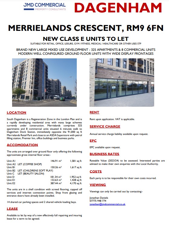 JMDCommercial's tweet image. Trio of lettings completed at Merrielands #Dagenham #RM9! A further five Class E units immediately available ranging from 1,428 sq ft up to 4,170 sq ft. #shoptolet #officetolet #retailproperty @PIProperty @propertylink @LoopNet_UK @CoStarUK @CR_Tweets @BDPost @lbbdcouncil