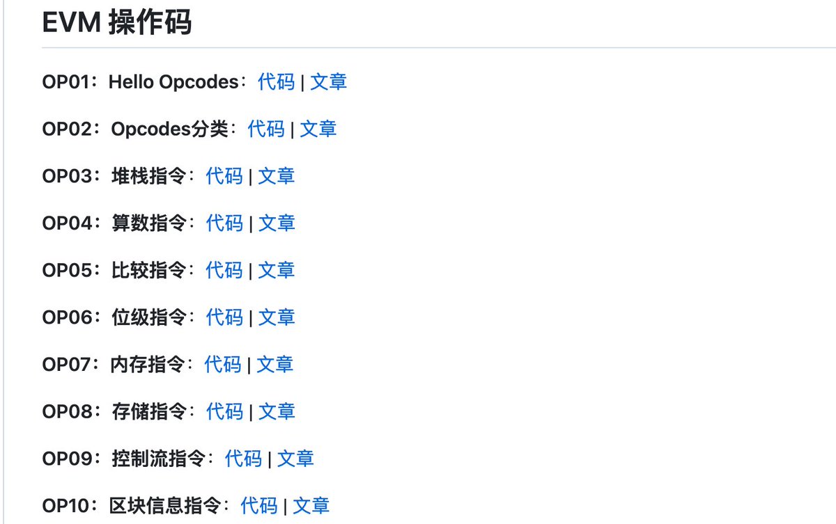 WTF EVM Opcodes是目前最全的EVM操作码教程，介绍并实现了全部（144个）EVM底层操作码，帮助开发者深入了解以太坊底层。  @WTFAcademy_ 现在它被纳入WTF Solidity教程中，方便大家学习！ https://t.co/6Emo8xB9mi