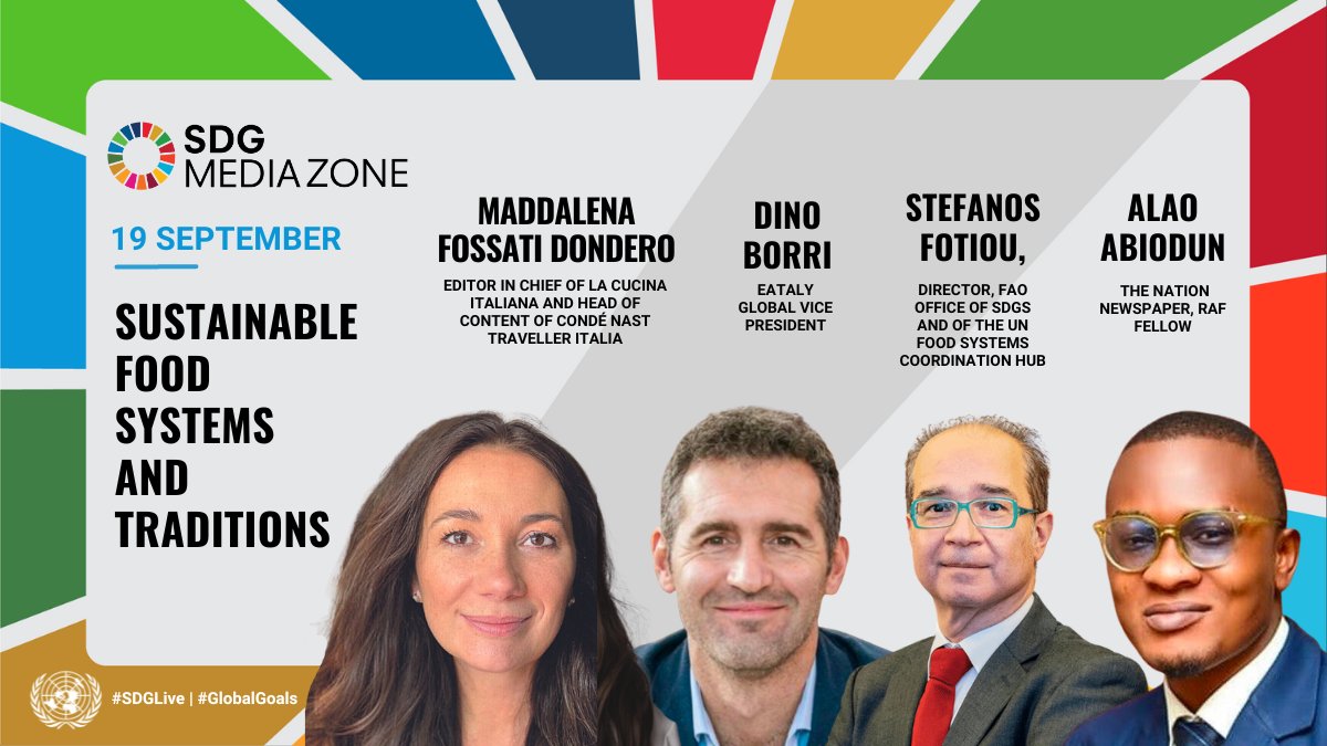 Tune in live to the @SDGMediaZone for a discussion on sustainable food systems transformations for achieving the #SDGs!

📺un.org/sdgmediazone
🕑Today @ 14:30 EDT |  20:30 CEST

#SDGLive #GlobalGoals #SDGSummit
