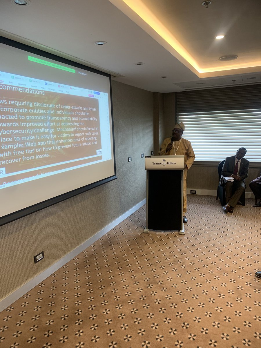 Speaking is now Dr Jimson Olufuye at the 2023 Africa Internet Governance Forum, Transcorp Hilton Abuja. Delivering his presentation on 'Cybersecurity in Africa: Exploring the UNECA Insights'.#Africaigf2023