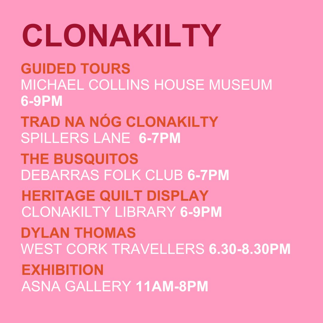 CorkCountyArts's tweet photo. Culture Night is this Friday, here's what's happening in #Clonakilty
Supported by @artscouncil_ie in partnership with @corkcoco
#CultureNight #OícheChultúir #OneNightForAll #OícheDárSaol https://t.co/18MYs4PGZC