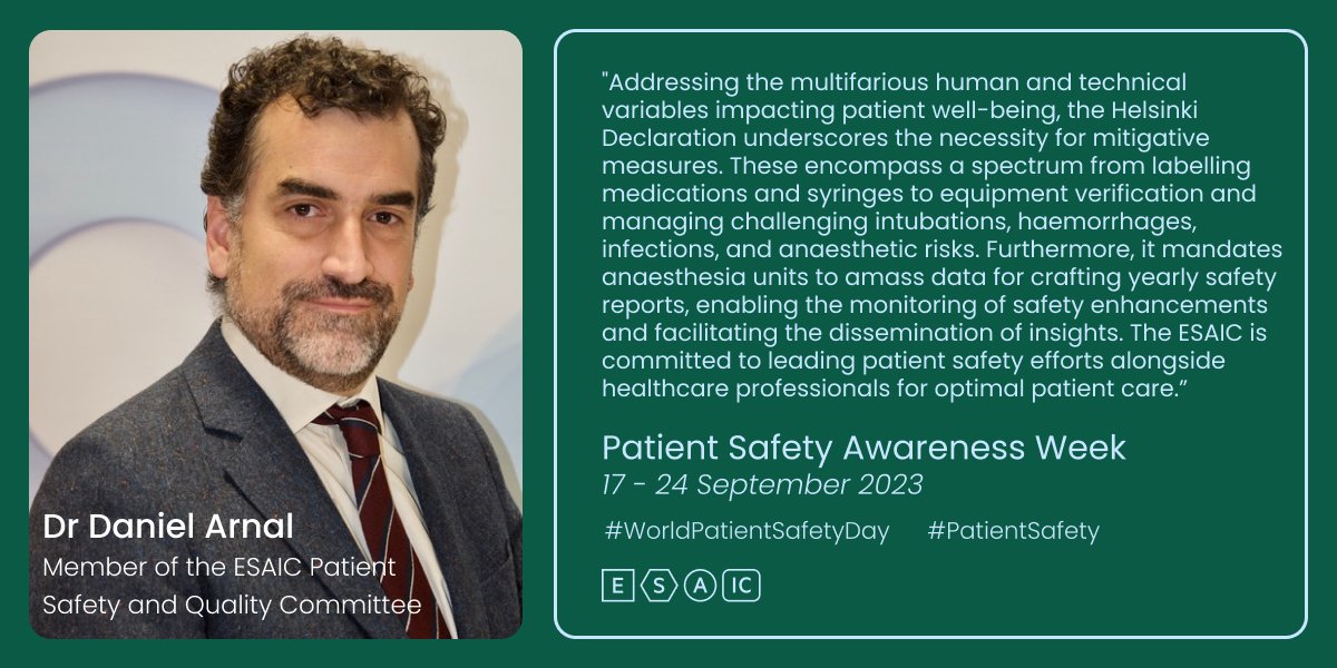 ESAIC_org's tweet photo. The Helsinki Declaration on #PatientSafety in #Anaesthesiology (HD), established in 2010 through EBA and ESAIC collaboration, is a global blueprint for improved patient safety.
More info 👉https://t.co/5aws22gZfU
#WorldPatientSafetyWeek #WPSD2023 #IntensiveCare https://t.co/X7TB3ePB5G