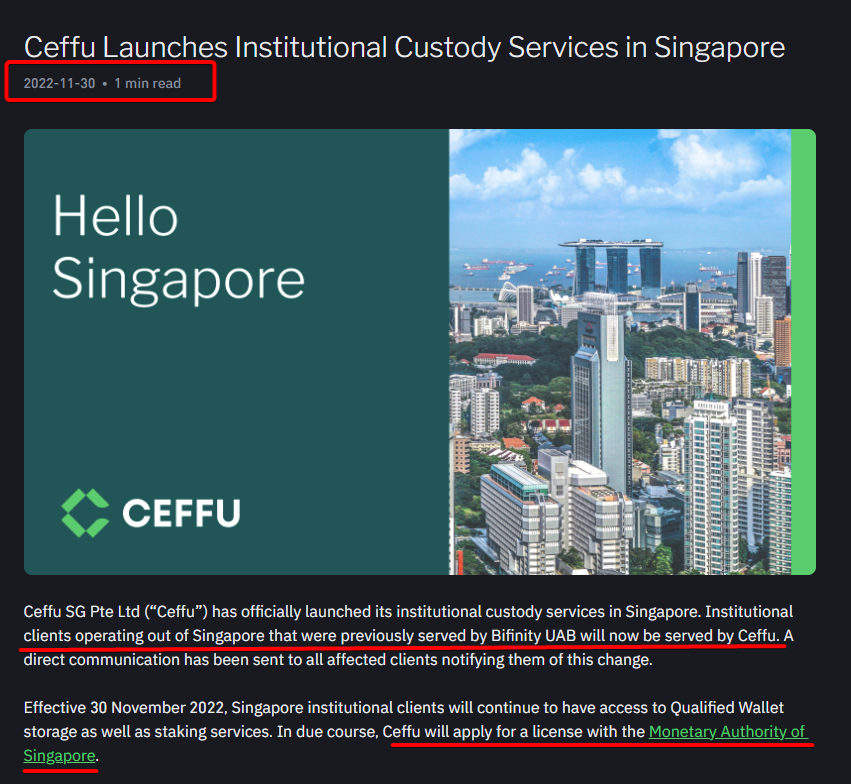 intel_jakal's tweet photo. Here's some #ceffu magic. According to the https://t.co/rEnKj7rhqE website;
30 Nov 202 CEFU launces Institutional Custody Services in Singapore.
Ceffu SG Pte Ltd has officially launched institutional custody services.
Singapore was previously serviced by #bifinity UAB. https://t.co/qE3XQVmIWF
