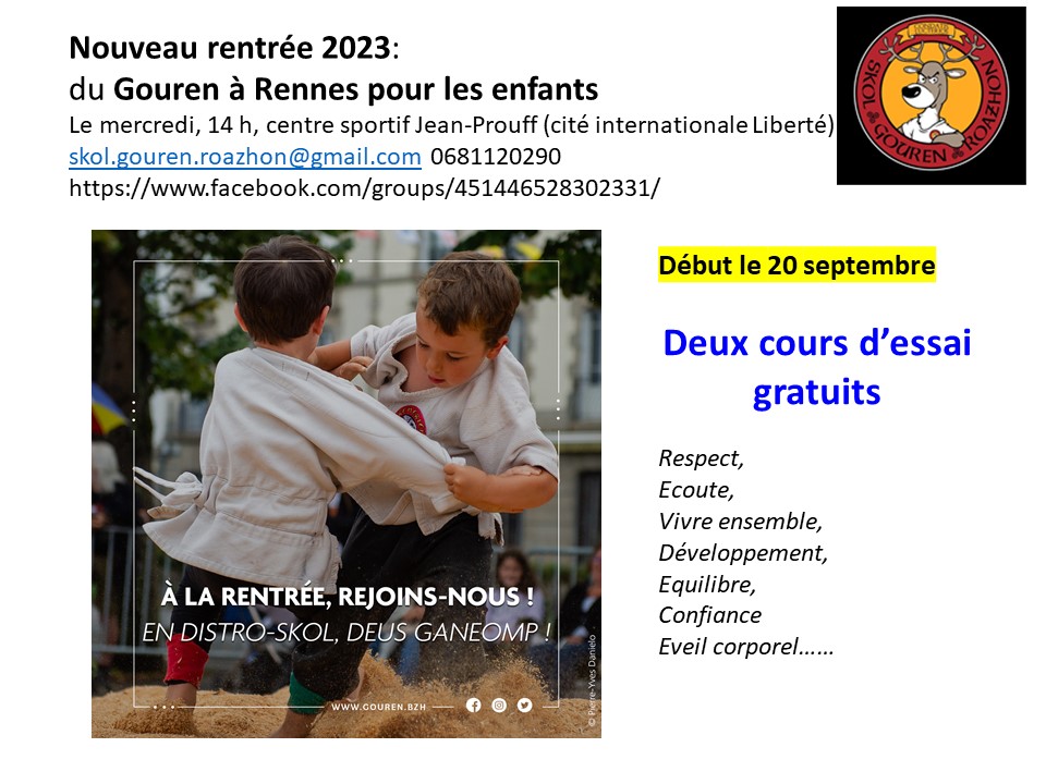 Adalek warc'hoazh e krogo en-dro kentelioù gouren e Bro Roazhon. 

L'école de gouren du pays de Rennes fait sa rentrée demain.

📆 20/09/2023

🎟 Div gentel digoust / deux cours d'essai gratuits

📍 #Roazhon #Rennes #Parzheneg #ParthenaydeBretagne #Pazieg #Pacé